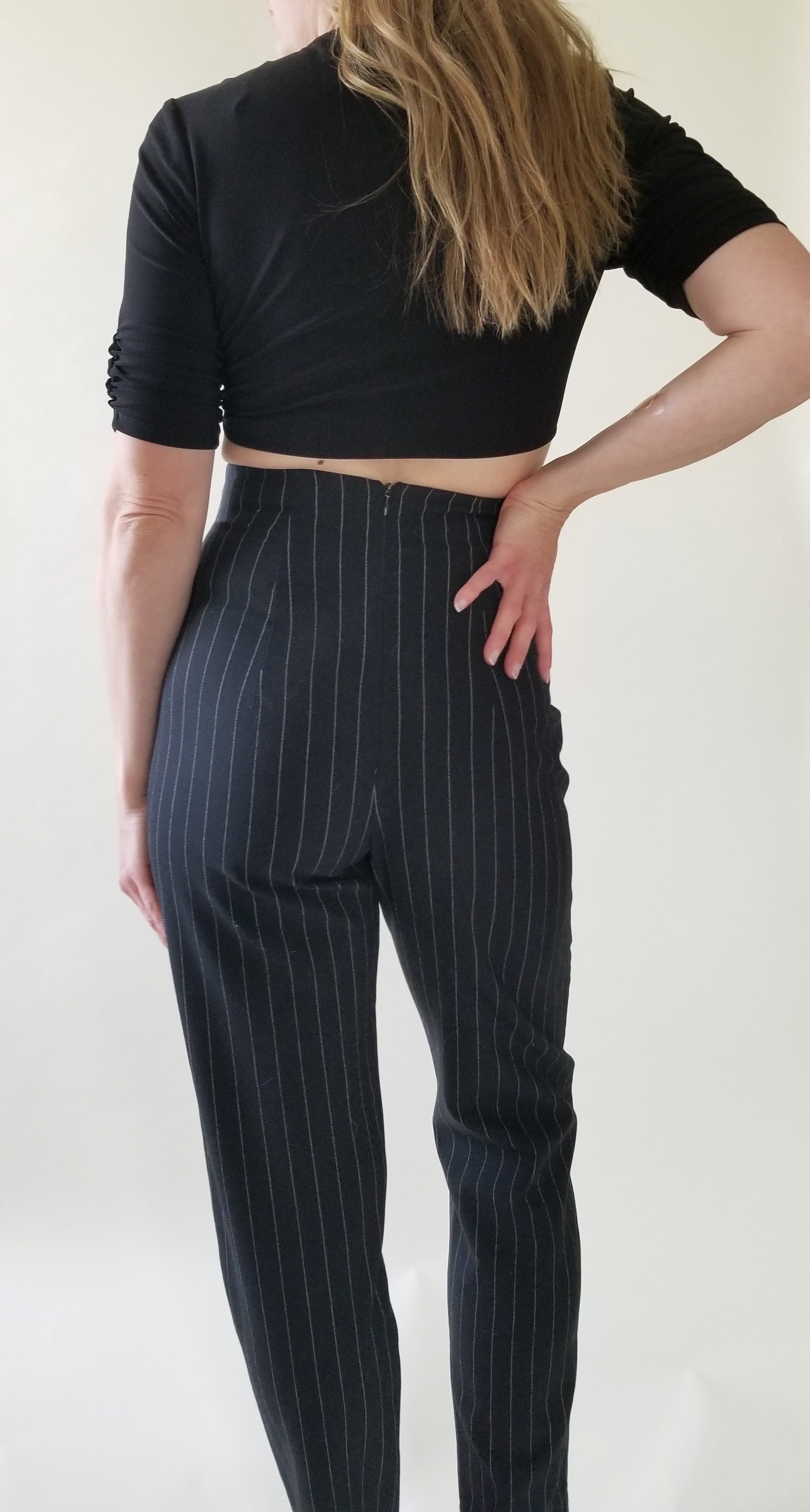 Charcoal grey pinstripe high waisted pleated stretch Women Trousers